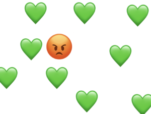 Un émoticone faché et beaucoup de coeurs verts